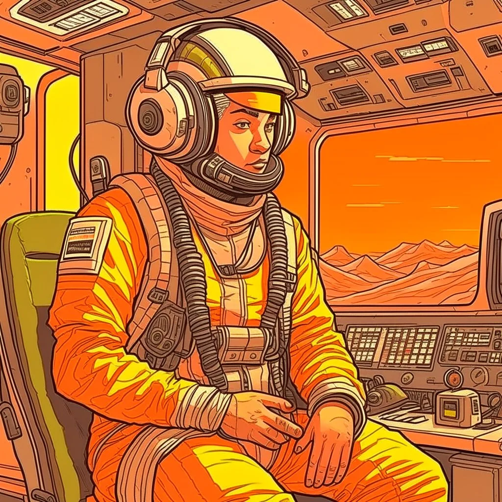 Moebius style scifi pilot with headphones, pilot helmet and exosuit sitting in a starship cockpit with solid earthy colors with a desert and dusty station in the background