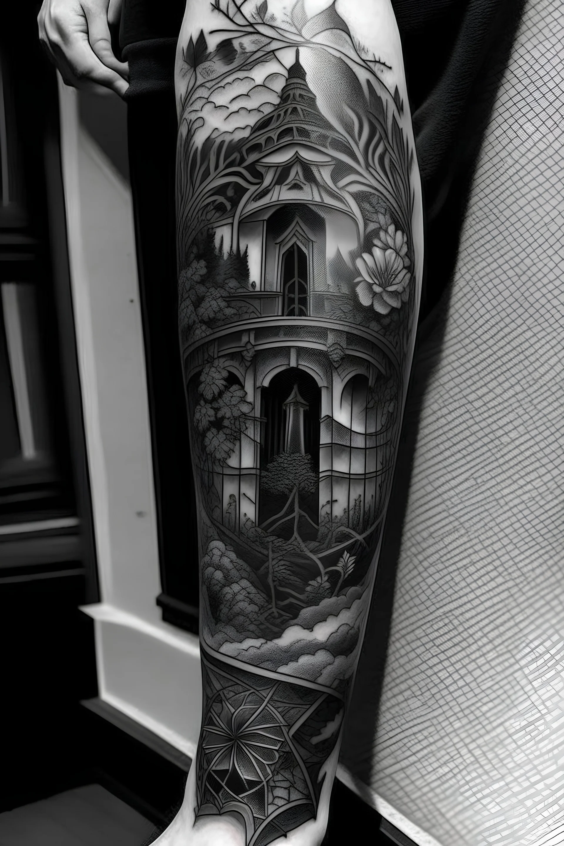 Abstract blackwork renaissance architecture botanical leg sleeve tattoo idea for guys