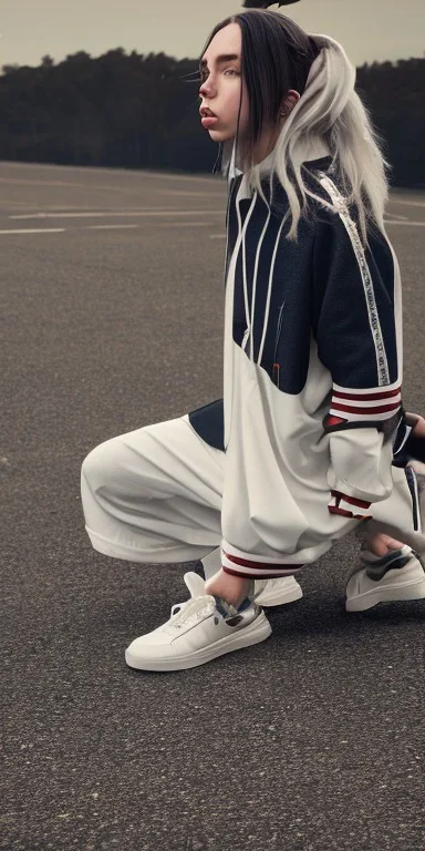 Billie Eilish, kneeling, underpants, white socks, rear view, pale skin, high detail, realistic, 8k, not to be distinguished from a photo