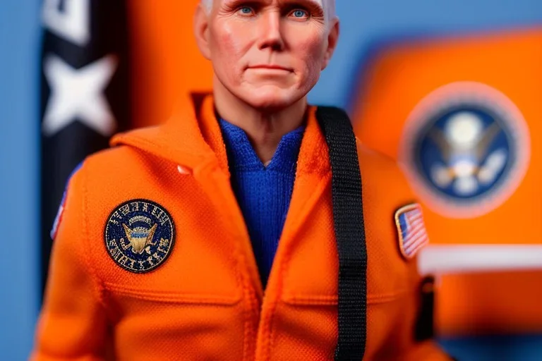 Mike pence G.i. joe toy doll space force uniform inside a blister package hanging on A rack in toystore, fluorescent orange, wide angle shot whole body, black moonboots, pricetag