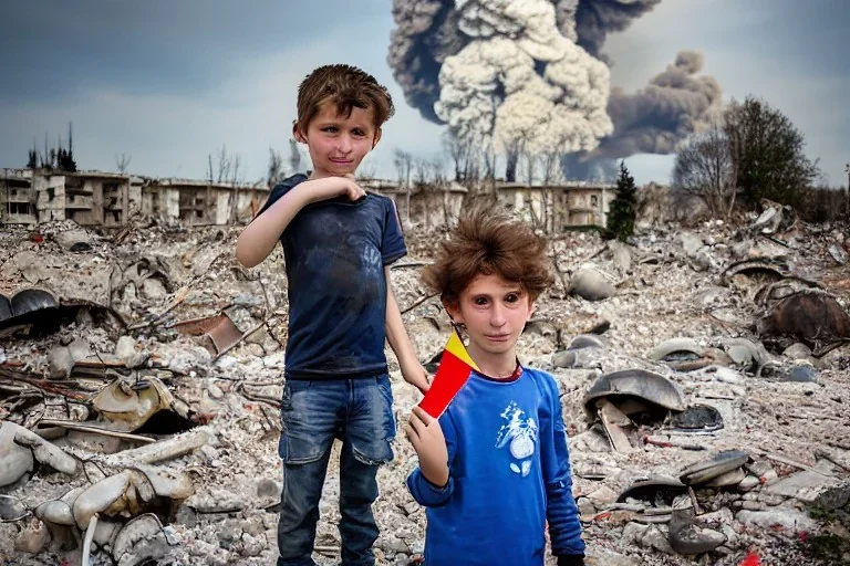 portrait of unkempt child ukranian war refugee waving a NATO flag amidst rubble and ruins with mushroom cloud in the background