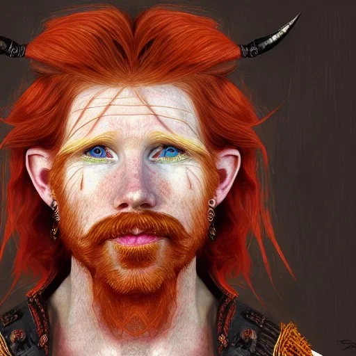 Portrait of Courtney Gains as a ruggedly handsome but joyful roguish pirate, charismatic, attractive male, masculine, perfect, precisely detailed, lightly freckled face, meticulously detailed multi-hued ginger carrot colored cherry fire red hair; Malachai of the corn; fantasy, intricate, elegant, highly detailed, digital painting, artstation, concept art, matte, sharp focus, illustration, art by artgerm and greg rutkowski and alphonse mucha