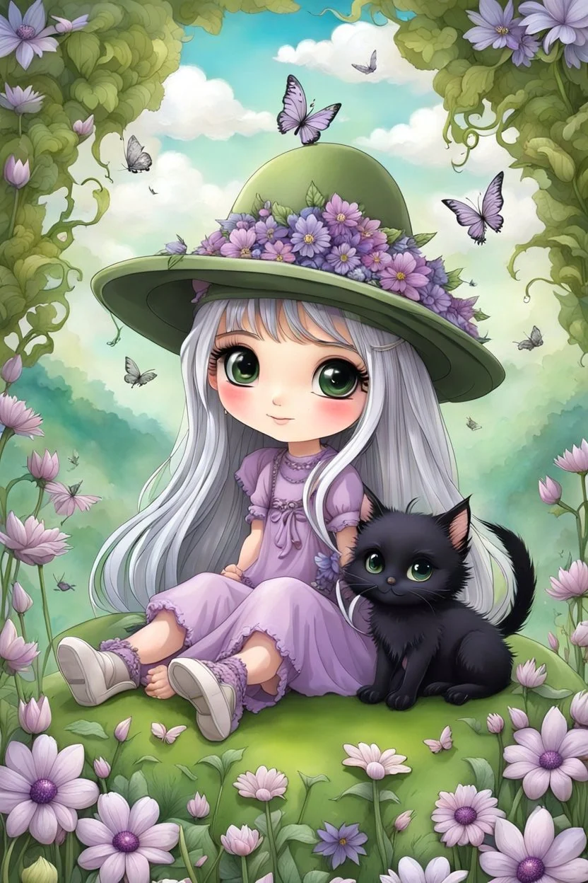 cute happy fairy girl with little wings and rounded (purple eyes), big long silver hair, on girl hat sitting a tiny black kitty with green eyes , chibi, 3d anime character, detailed, fantasy style, nice picture in the big meadow with pale colors flowers