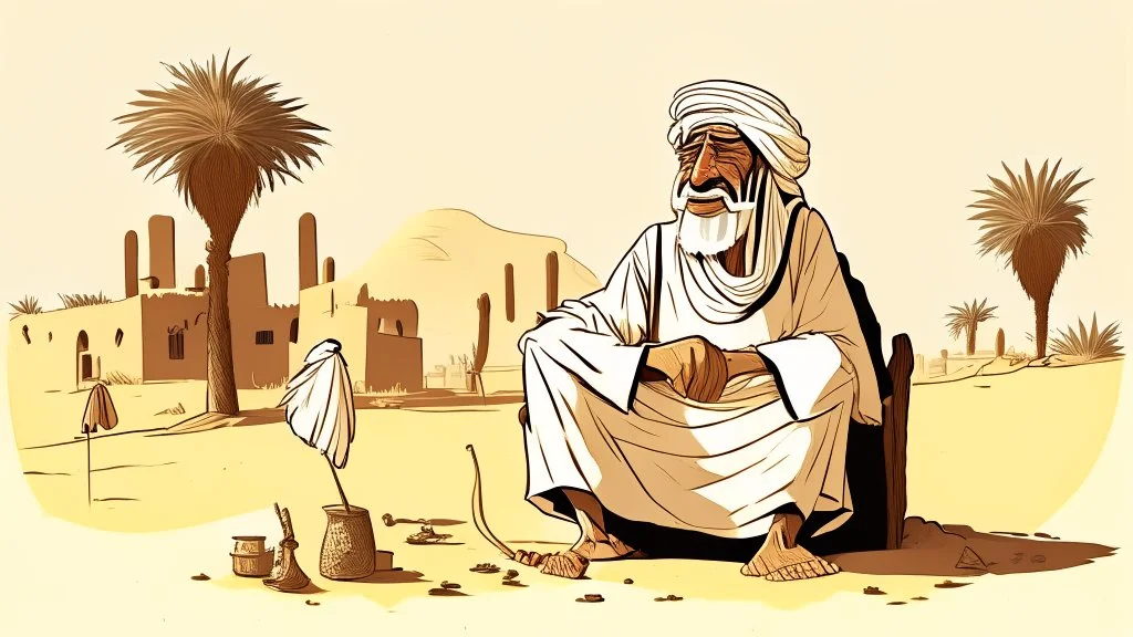 Old man, Arab, turban, white clothes, cattle, desert, council, sun, palm trees, mud houses, holding a stick, looking forward, a very slight smile.cartoon,Sitting on a chair,long beard,Mouth slightly open