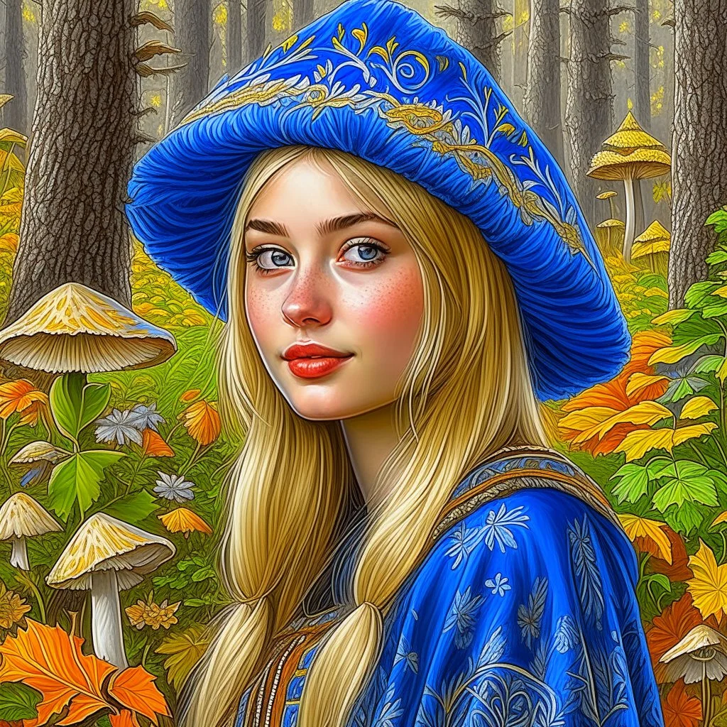 Blue eyed blonde women in traditional dress, nature background, painted, digital painting, water color, 24k, high resolution, highly detailed, cozy, forest with leafs, mushrooms and flowers, smooth, art by JOHN STEPHENS