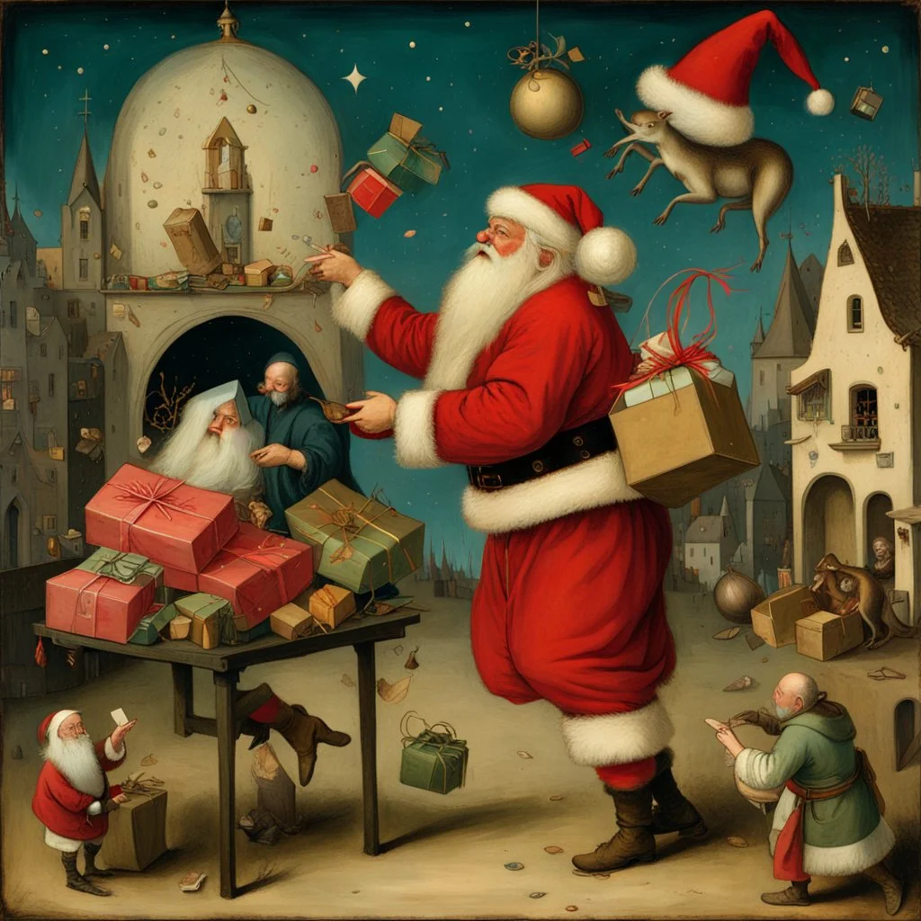 Santa Claus attempting to deliver presents to Hieronymus Bosch