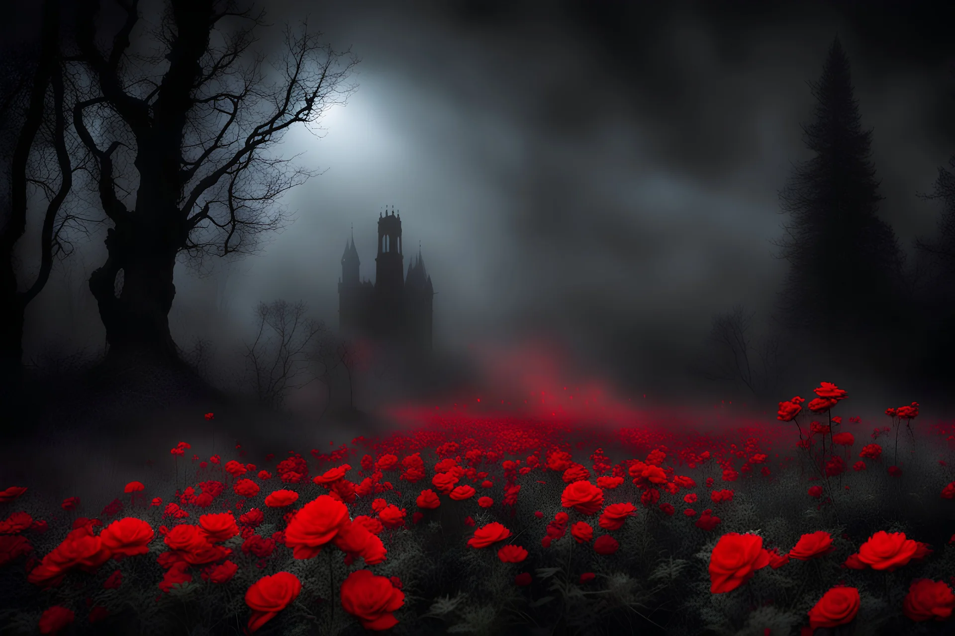 Creepy Night, mist, red flowers, gothic horror and disturbing influence, mistery, rocks, mountains, trees, photography