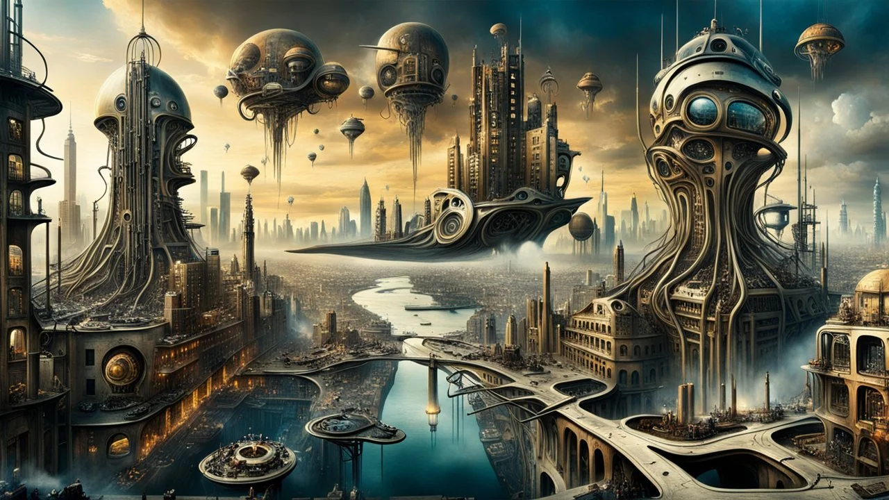 a stunningly weird image of a futuristic metropolis using Salvador Dali's paranoiac-critical method, where buildings and structures appear to melt into the skyline cityscape is filled with floating medusas and mad, twisted metal shapes that interact with the buildings and each other, forming a surreal tableau of a dreamlike reality. neu-steampunk vibe, essence of the scene in a cinematic manner, with dramatic shadows that enhance the distorted perspectives and bizarre mood
