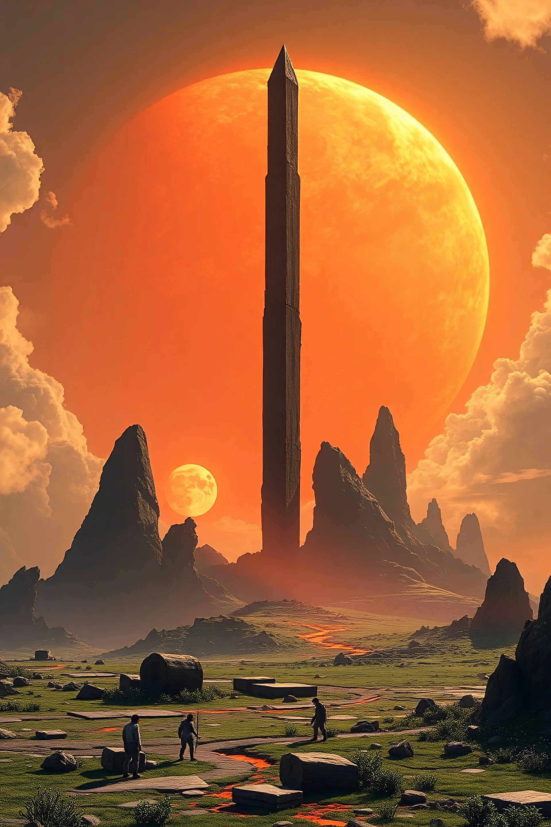 A isekai world, with a large massive obsidian pillar tht looks like a beacon in the far back, and two suns, with a little grenery