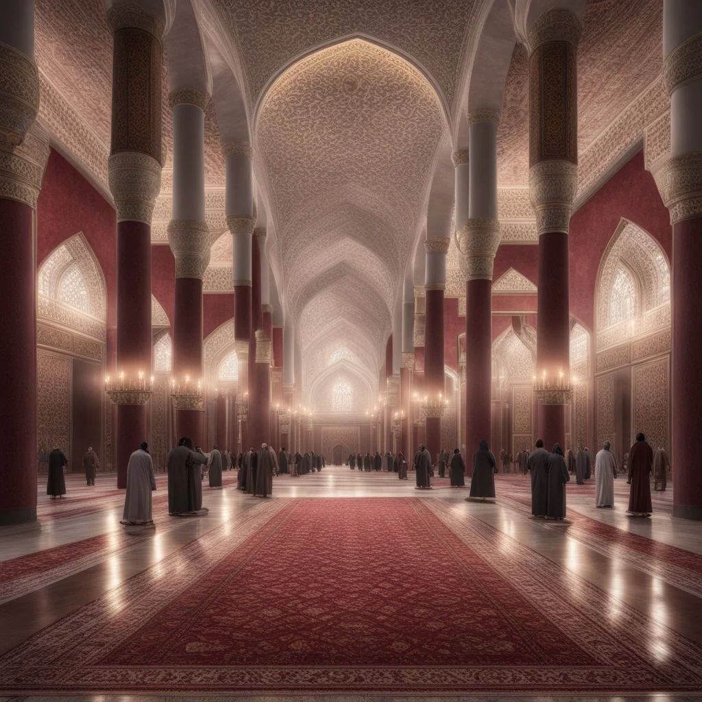 Hyper Realistic lots of people Praying-Namaz-in-symmetrical-order inside a huge Mosque-hall-with-white-&-maroon-walls-&-fancy-pillars decorated with traditional-lamps & beautiful carpets at night showing dramatic-&-cinematic-ambiance