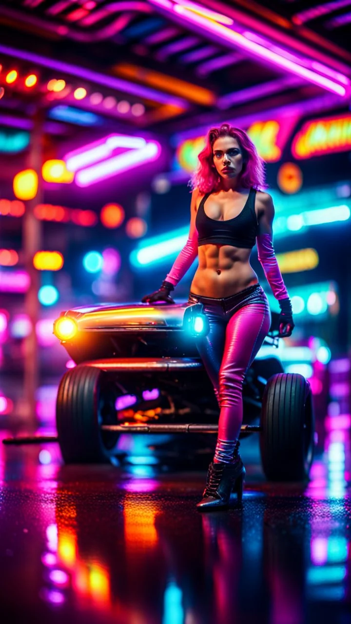 sexy dragster stunt woman posing on a hipster car parked in dark neon lit reflective wet arcade hall tunnel,bokeh like f/0.8, tilt-shift lens 8k, high detail, smooth render, down-light, unreal engine, prize winning