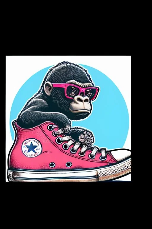 a profile picture of a small gorilla sitting in a blue Converse sneaker, like it's a car, comic style