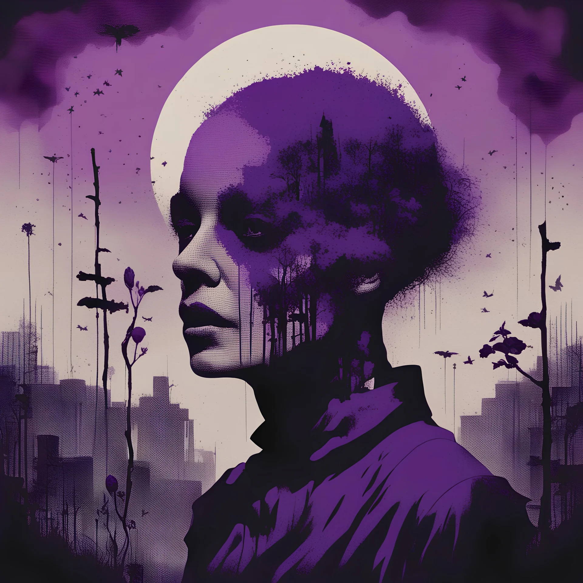A minimal and sinister design with a color scheme of foreboding violets; using halftone and mixed media and pictorial map; inspired by surreal figurative and blackout poetry and naïve art; the focus is ghoul in tv; mood is mysterious and chilling.