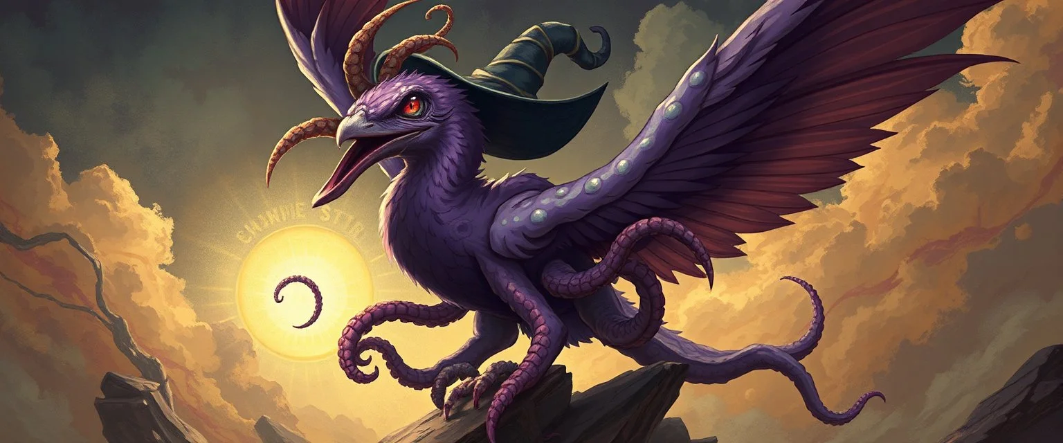 octopus bird witch looks beyond really powerful, fantasy illustration