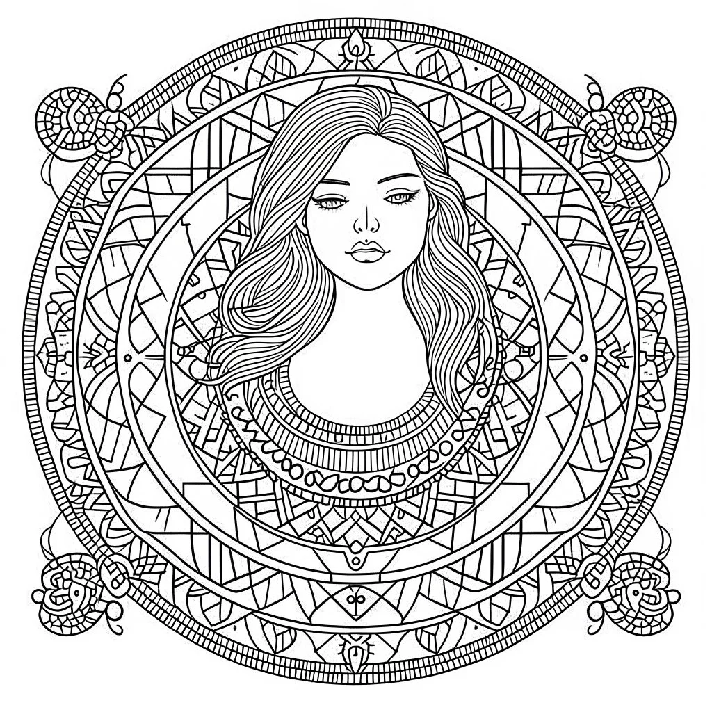 "Create a unique girl MANDALA. This mandala coloring sheet features strange and imaginative SHAPES, ensuring a realistic yet fantastical journey. Draw clean lines in a 3:4 aspect ratio on a white background, embracing minimalistic black lines and low-level black colors. Craft a coloring page with perfect, clear lines, avoiding repeated images, sketching, and thick black colors.