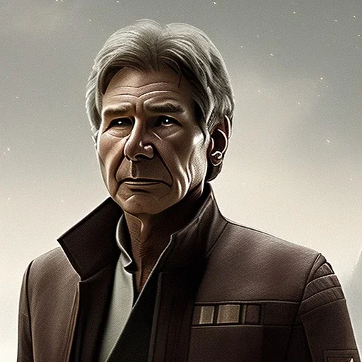 8K space background with stunning photo realistic detailed head to waist portrait of harrison ford as han solo in star wars with photo realistic short hair by Thiago Moura Januário, Sam Spratt, Yi Fan, Houston Sharp, Matija Obrovac, Sharp focus, brown eyes, weathered skin,space jacket from star wars, octane render, intricate