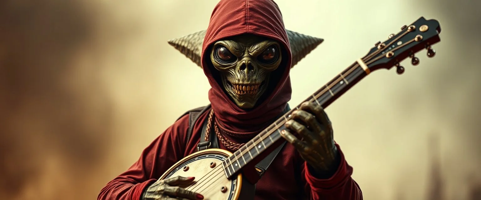 ninja alien hill billy boss with a banjo In the style of Rembrandt,Background blur. Movie poster. Wild look.