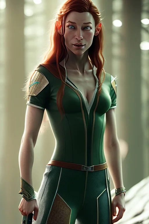 Tauriel, by Cedric Peyravernay, complete full body in frame, delicate traits, symmetric eyes, every part of the body represented in the frame