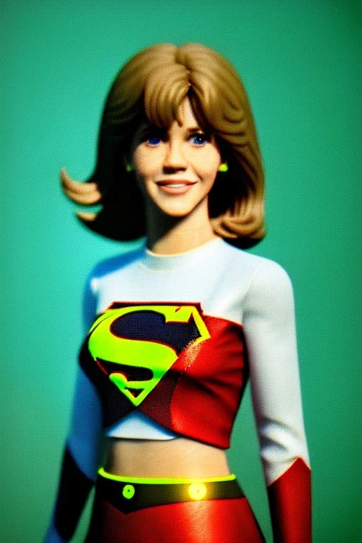 portrait, teenager, Jane Fonda, make-up, happy, dildo advertising, Realistic image, 60s, supergirl, tights minimal dress, sweat, Color background, photo studio, concept art, smooth, unreal engine 5, god lights, ray tracing, RTX, lumen lighting, ultra detail, volumetric lighting, 3d, finely drawn, high definition, 4k.