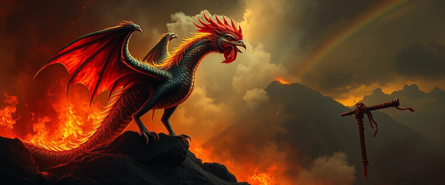 Neubraxas fire and darkness volcano Haiti dragon with rooster head and serpent legs as a vision of the beginning of awakening within a dream of paint color and time and a whip covered in blood