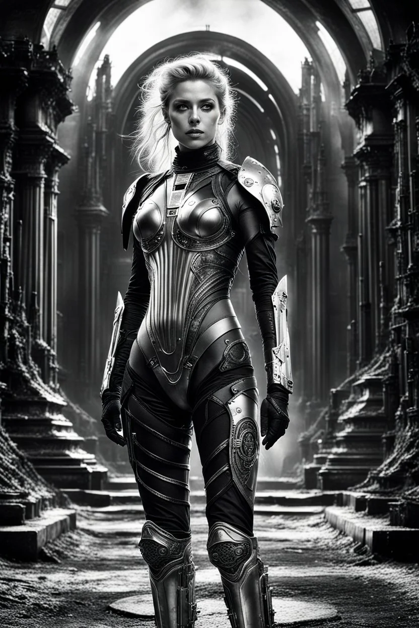 Generate an 8k image of a futuristic Hollywood superstar with android features, inspired by Luis Royo's art, wearing a metallic exosuit.In black and white, he draws the stages of human development from fetus to old age In a long room and a graveyard, and there is only one lighting source