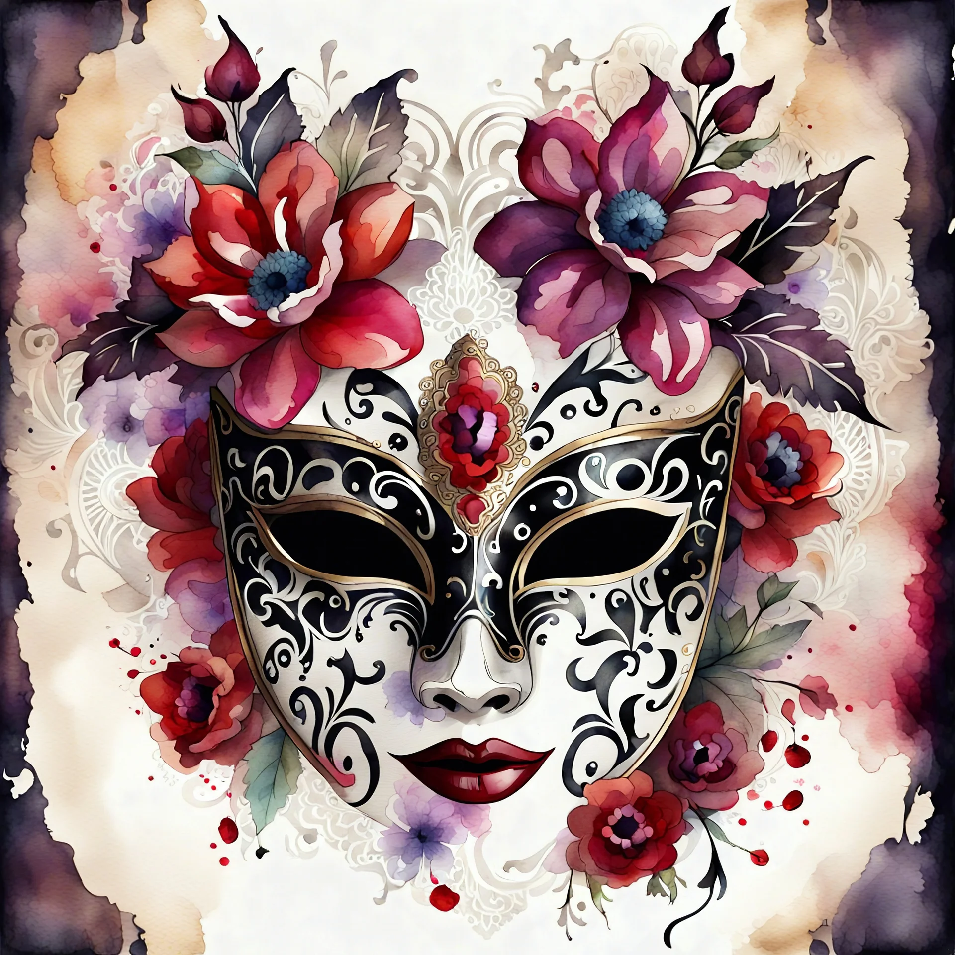 watercolor draw gothic vintage masquerade mask, with colorful flowers, white lace and rubies, attractive background, facing front