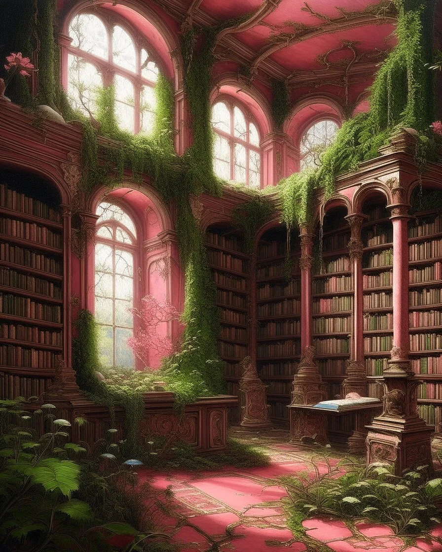 A pink magical library with thorny vines painted by George Inness