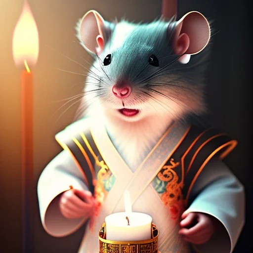 a cute litte rat wearing Hanfu, holding one large candle, BK complex detail, cinema, reality, detail, octane rendering, stoic cinematic 4k epic detailed photograph shot on kodak detailed bokeh cinematic hbo dark moody 8k, 85mm f/16 by leica