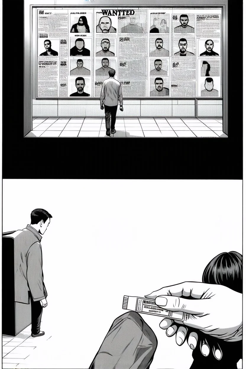 uncolored comic book page: top panel(man on his way out the door walks past a display of televisions on which a bulletin of wanted criminals mugshots appears, higher over the shoulder camera perspective), bottom panel(pov a woman's hand holding a pregnancy test that shows a positive result, tile floor below), panels divided at a 30 degree angle