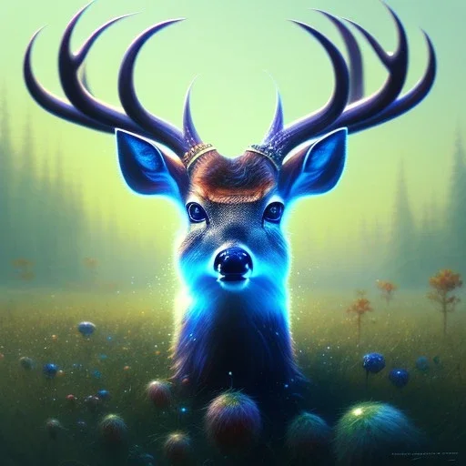 A small deer , magic, head and shoulders,deep colours, 8k resolution concept art portrait by Greg Rutkowski, Artgerm, WLOP, Alphonse Mucha, dynamic lighting, hyperdetailed,intricately detailed ,Splash art, trending on Artstation, triadic colors, Unreal Engine 5 , volumetric lighting Splash art fantasy"