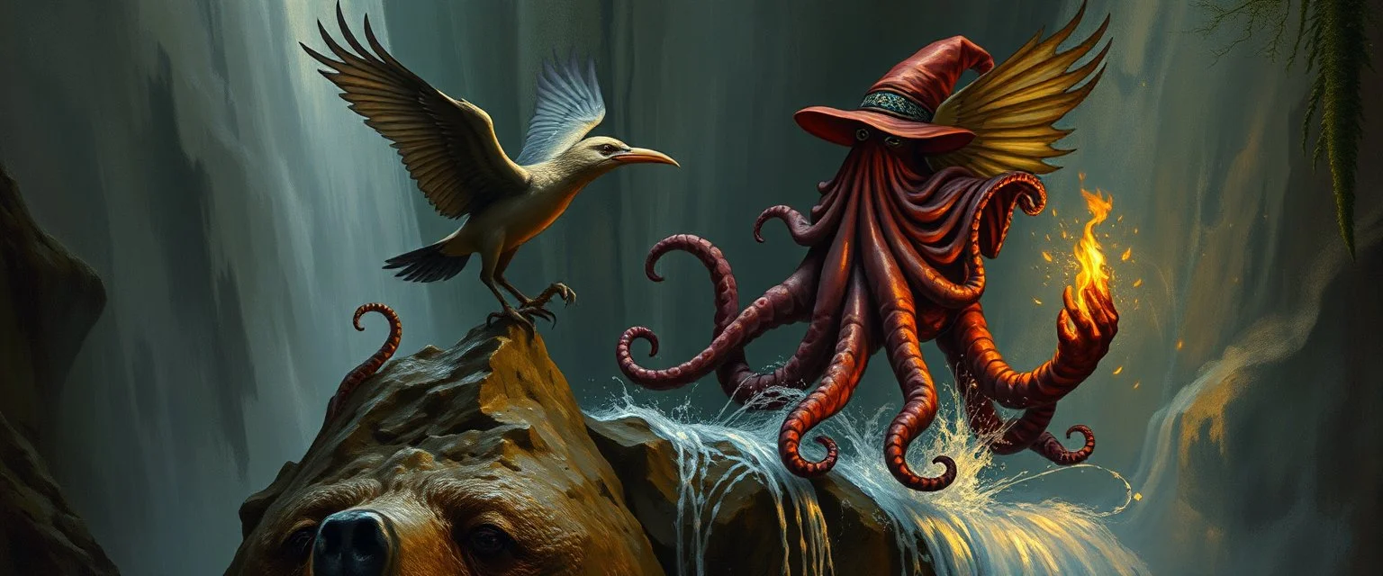 octopus bird witch bear by waterfall looks beyond really powerful, fantasy illustration, in the style of Rembrandt
