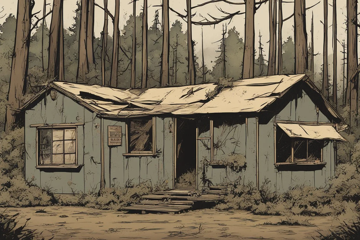 Lodge, administrative cabin, overgrown, post-apocalyptic, comic book, camp site signs