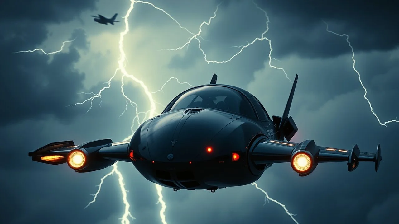 a high definition screen shot of a jet-fighter vw-beetle, retrofuturistic, phototrealism, in flight, one subject, thunderstormncc 1701 enterprise Macabre Rapture End of days Revelation scene,