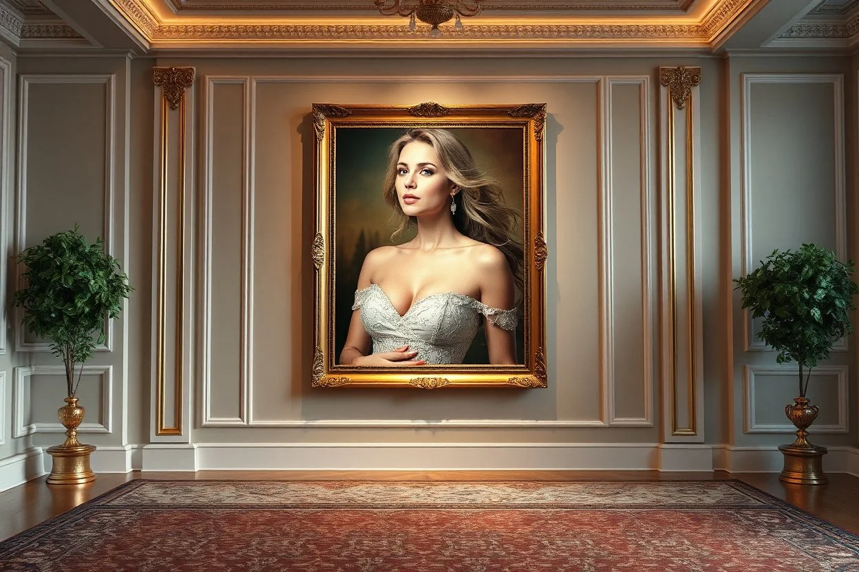 a very beautiful lady upper body photo in pretty frame hanging a wall in a luxury galery stage with carpets in floor