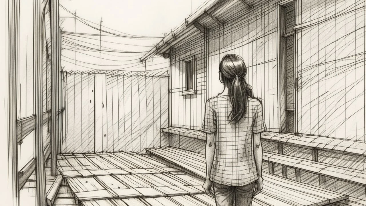 sketch lines, A young woman standing on a wooden deck in front of a rustic building with corrugated metal siding , with a hazy, atmospheric background, pencil drawing