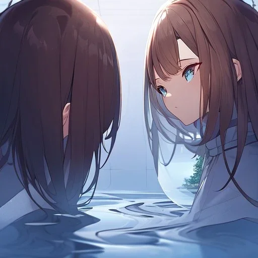 anime girl is looking at her reflection in the mirror.the reflection is the opposite of what she is in reality