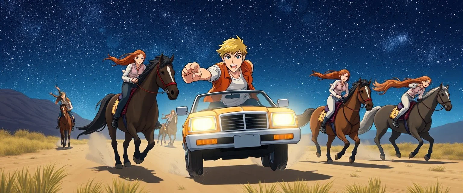 portrait of bobby stealing cars on a different star, chased by women on horses, anime style, where is the car?