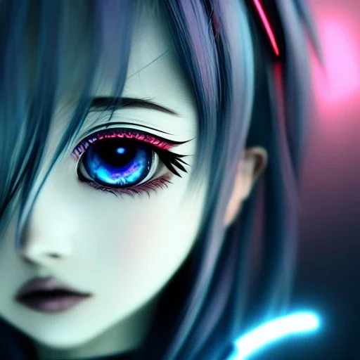 anime girl, cute, beautiful, neon eyes, metal skin, cinematic, 8k