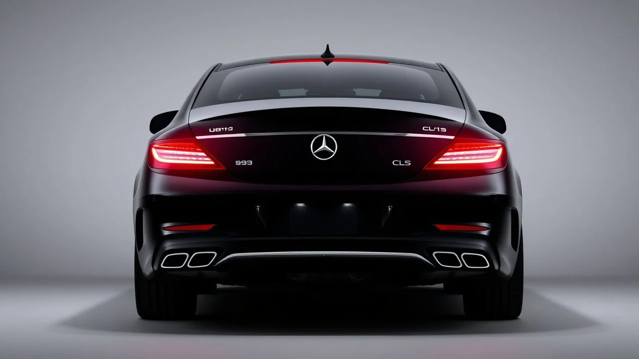 Rear view of a black Mercedes-Benz CLS with lights on