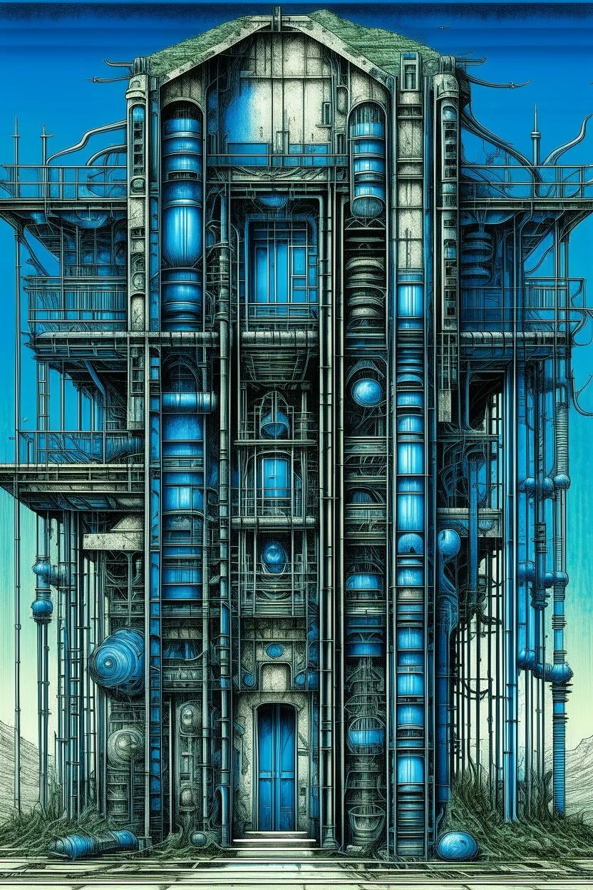 A house build out of colorful pipes of several sizes , full body , front view . decayed and rotting with grotesque proportions and imagery.biomechanical design, by hr giger and beksinski , on blue color