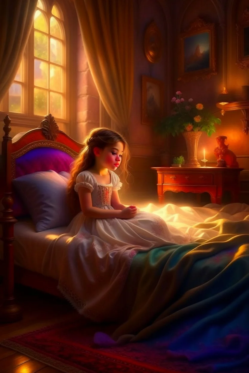 a little girl in a princess dress sitting on a bed, beautiful princess, fairytale artwork, disney artist, disney art, beautiful fantasy painting, sleeping beauty fairytale, very beautiful fantasy art, cgsociety 9, princess, fairy tale illustrations, realistic cute girl painting, photorealistic disney, princess girl, disney princess, fairy tale style background, princes jasmin, artificial intelligence princess