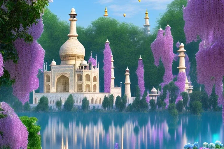 cascade,a magical crystal blue gold taj mahal,flower parc bougainvillier, blue lake,sun,white swanns,pink vertical, blue lake,sharp, vines, candlelit, endor, ornate, elegant, highly detailed, artstation, concept art, smooth, sharp focus, illustration, 8k, splash art, wallpaper, key visual