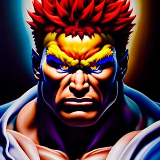 Ultra detailed fullbody Portrait in oil on canvas of Street Fighter- Akuma,extremely detailed digital painting,ultrarealistic skin,intense stare, extremely detailed face, crystal clear eyes, mystical colors ,perfectly centered image, perfect composition, rim light, beautiful lighting,masterpiece ,8k, stunning scene, raytracing, anatomically correct, in the style of Simon Bisley and Ohrai Noriyoshi and robert e howard and Steve Jung and frank frazetta.