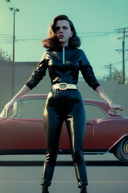 retro portrait image from 1960, supermarket parking explosion, long hair, young Scarlett Johansson, classic black tight lycra suit, gold bracelet and belt, high heel boots, soft color, highly detailed, unreal engine 5, ray tracing, RTX, lumen lighting, ultra detail, volumetric lighting, 3d, finely drawn, high definition, high resolution.