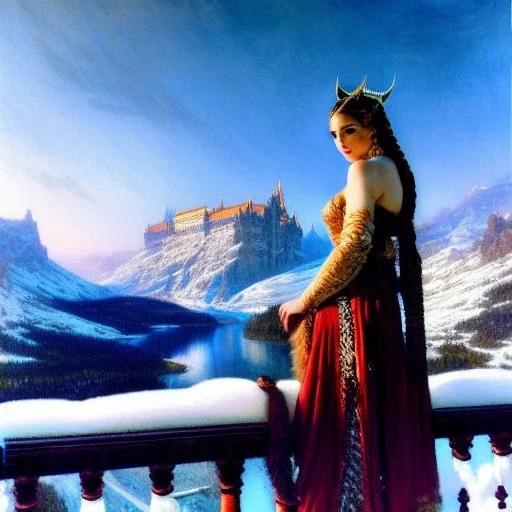 Drawing of beautiful face extra busty viking queen,balcony, view, fire brazier,braids,,snow,castle,mountains,ancient leather armor, balanciaga fashion clothe painting by gaston bussiere, greg rutkowski, yoji shinkawa, yoshitaka amano, tsutomu nihei, donato giancola, tim hildebrandt, oil on canvas, cinematic composition, extreme detail,fit full head inside picture,16k