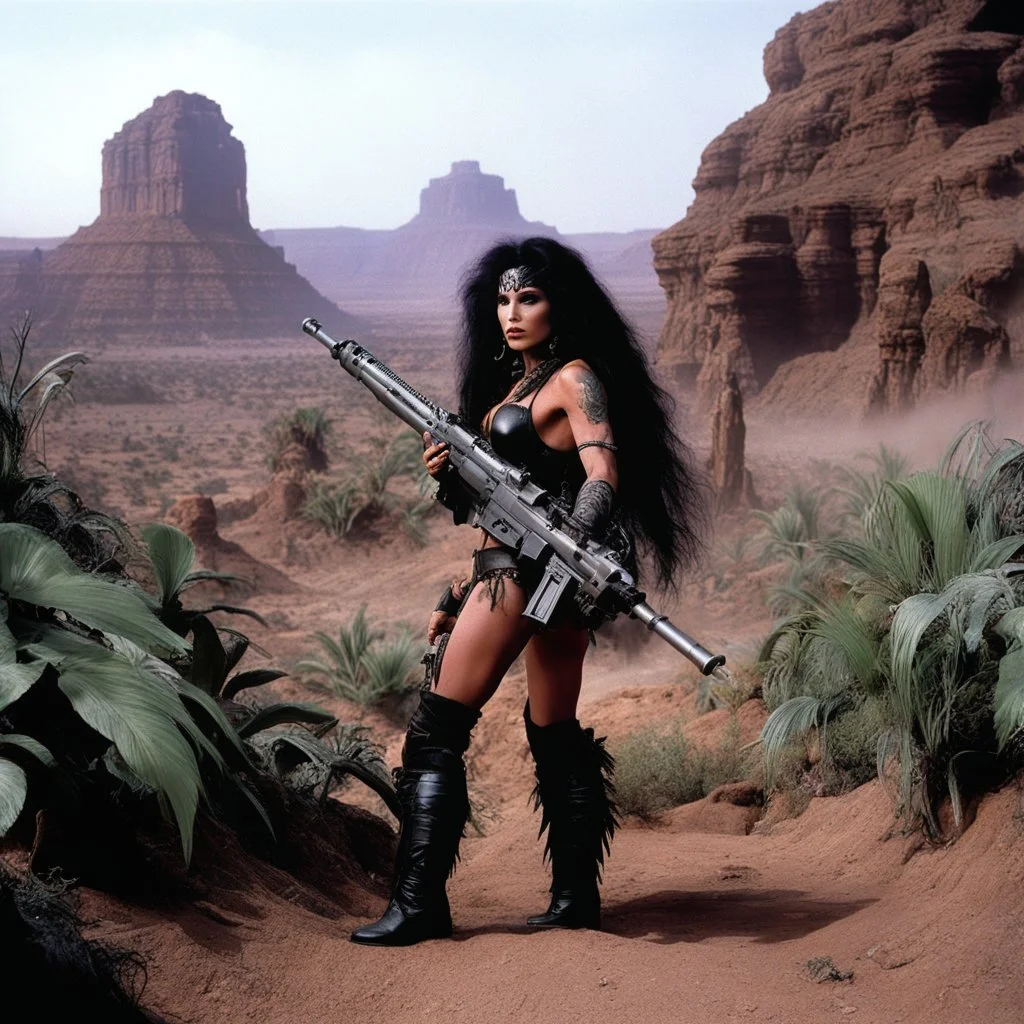 tattooed Julie Strain in action, standing in the middle of the badlands jungle surrounded by luxuriant flora - Heavy Metal F.A.K.K.2 her machine-gun in hand (shot from The Dark Crystal, 1982 dark fantasy film directed by Jim Henson and Frank Oz)