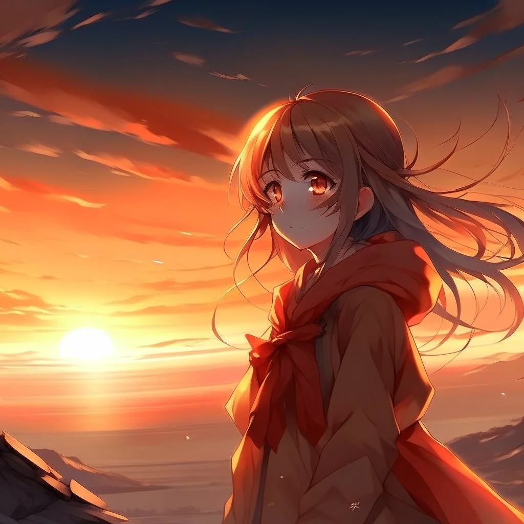 girl, anime style, sunset, plateau, wind, cold