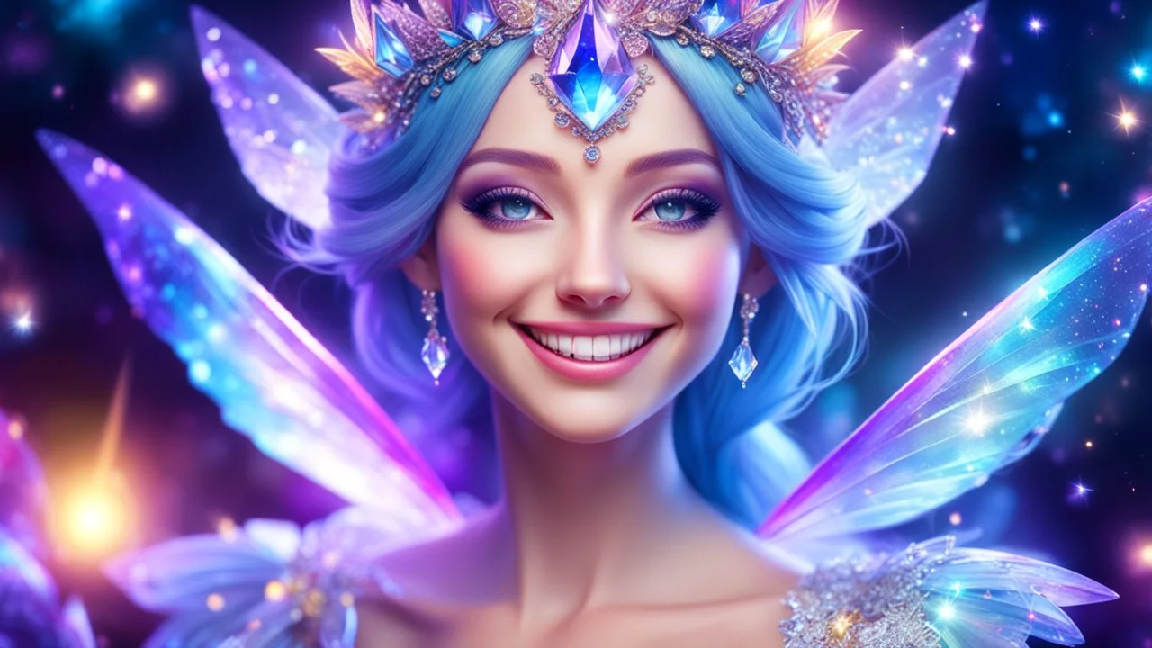 macro photorealistic portrait, sparkling magical fantasy crystal smiling fairy , very detailed, amazing quality, intricate, cinematic light, highly detail, beautiful, surreal, dramatic, galaxy fantasy colors, <lora:SDXLFaeTastic2400:0.3>