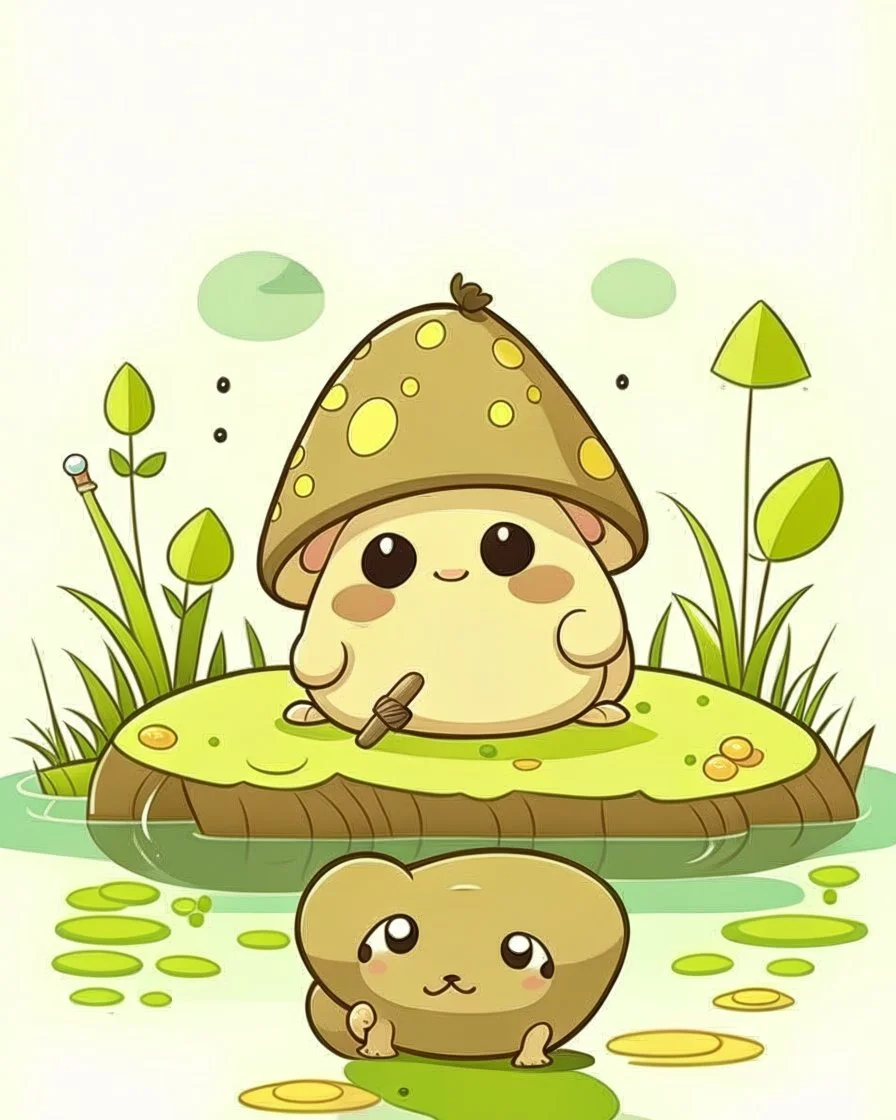 magical kawaii mushroom with a big, frowning mouth and droopy eyes, sitting on a lake log in a quiet and peaceful lake, lost in its own thoughts, high details, forest background, cute, kawaii, style coloring cover for adults, ultra reality