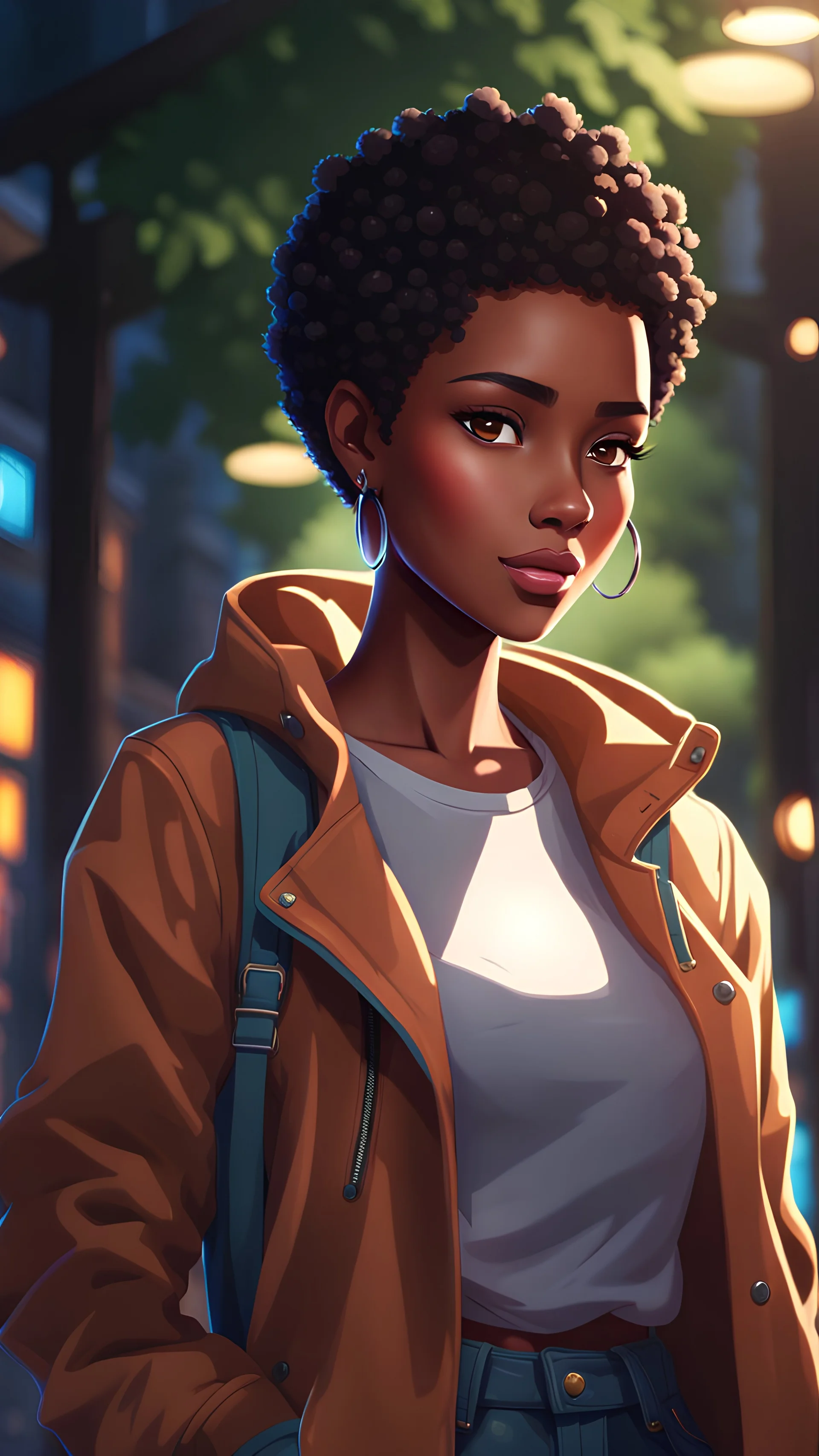 twenty year old black girl with short hairs, with a jacket and casual clothes style, from head to toe, best quality, digital painting, 4k, sharp focus, intricate texture, skin imperfections, blank background. , interactive novel style,bokeh, professional, anime clean drawing,Your Name, 4k, highly detailed, clear lighting,